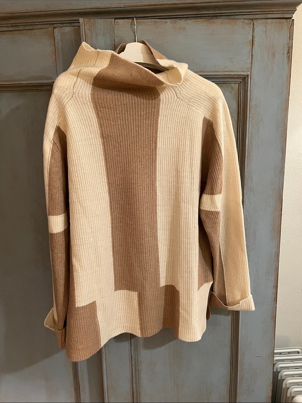 Neutral Block Turtleneck Sweater in Cream and Brown made in Italy